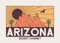 Arizona t-shirt design with rocky mountains, eagle and cactus. Vintage typography graphics for tee shirt with desert illustration.